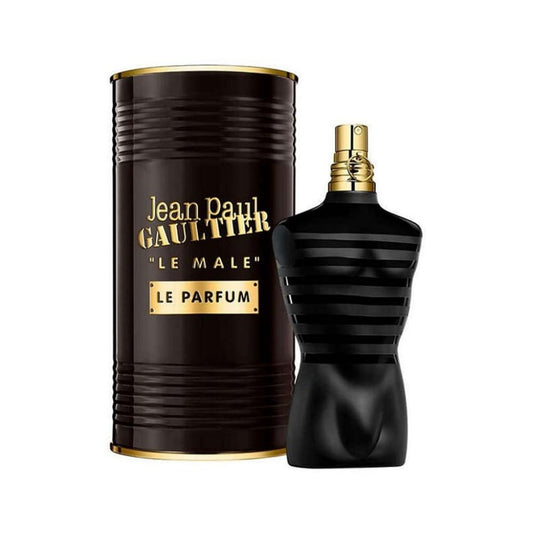 Bottle of Jean Paul Gaultier Le Male Le Parfum Eau de Parfum Intense shown next to its packaging