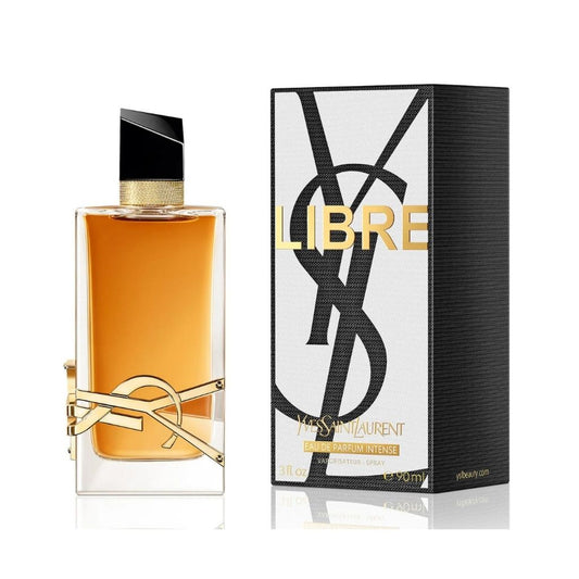 Libre Eau de Parfum Intense bottle with box on a plain background