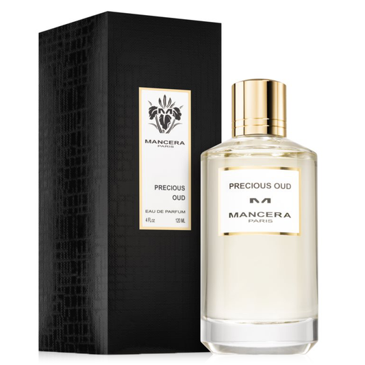 Bottle of Precious Oud by Mancera shown next to its packaging