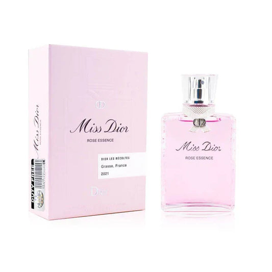 Bottle of Miss Dior Rose Essence shown next to its packaging