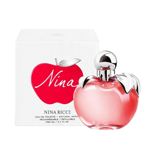 Nina Eau de toilette bottle with box on a plain background