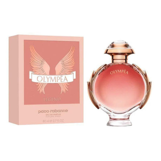 Bottle of Olympéa Legend Eau de parfum shown next to its packaging