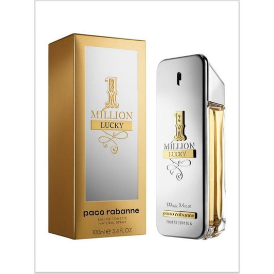 One Miliion Lucky Eau de toilette bottle with box on a plain background