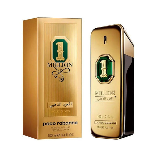 Bottle of One Million Golden Oud shown next to its packaging