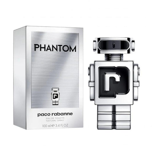 Phantom Eau de toilette bottle with box on a plain background