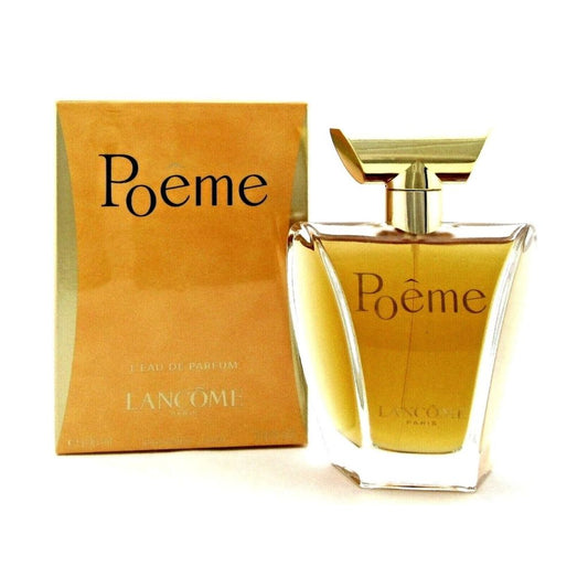 Lancôme Poême Eau de Parfum bottle with box on a plain background