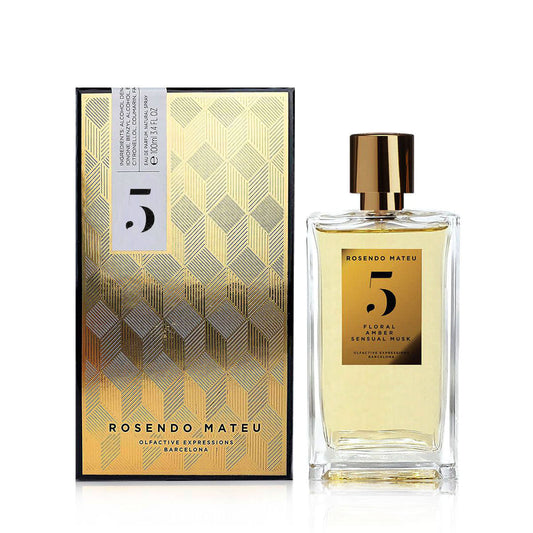 Bottle of Rosendo Mateu Floral Amber Sensual Musk shown next to its packaging