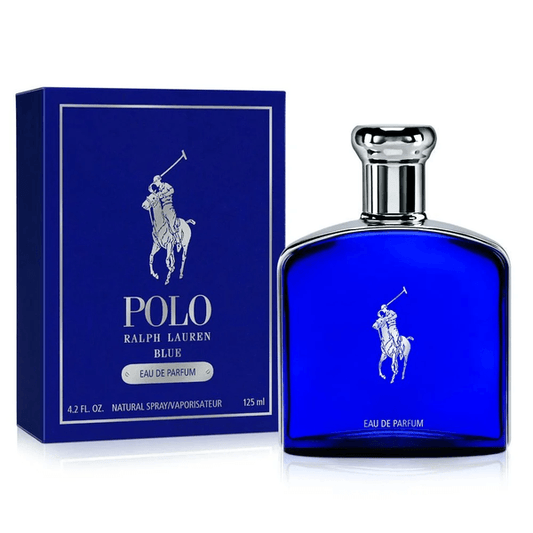 Bottle of Polo Blue Eau de Parfum shown next to its packaging