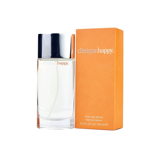 Bottle of Clinique Happy Eau De Parfum Spray for Women – 100ml shown next to its packaging