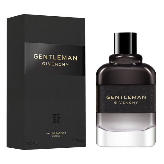 Bottle of Givenchy Gentleman Eau de Parfum Boisée shown next to its packaging