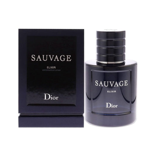 Bottle of Sauvage Elixir shown next to its packaging