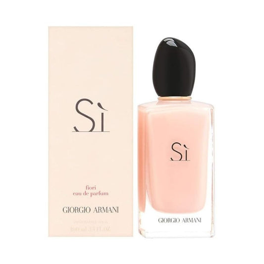 Bottle of Giorgio Armani Sì Fiori Eau de Parfum shown next to its packaging