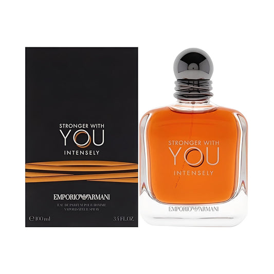 Emporio Armani Stronger With You Intensely Eau de Parfum bottle with box on a plain background