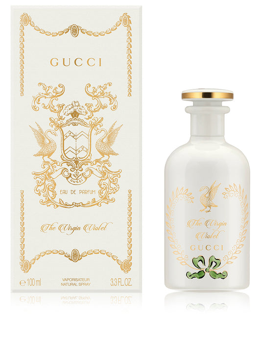 Gucci The Virgin Violet bottle photographed beside its box
