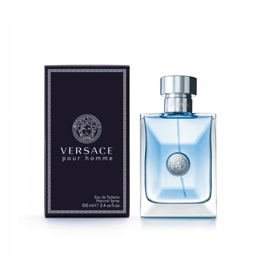 Bottle of Versace Pour Homme shown next to its packaging