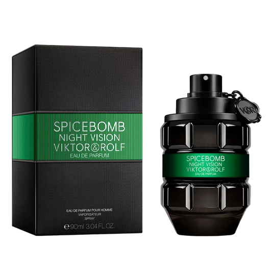 Bottle of Spicebomb Night Vision Eau de Parfum 90ML – Viktor & Rolf shown next to its packaging