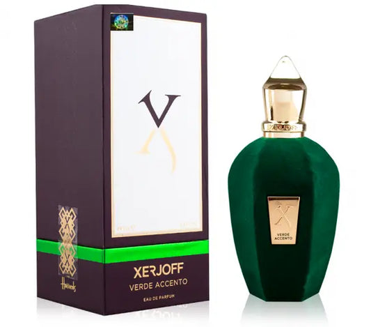 Verde Accento Eau de parfum bottle with box on a plain background