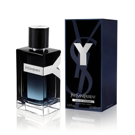 Bottle of Y Yves Saint Laurent Eau de Parfum shown next to its packaging
